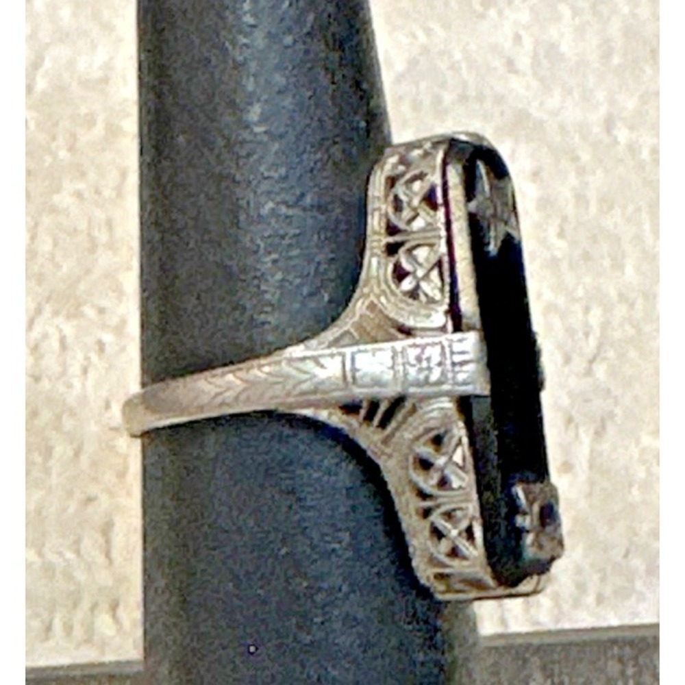 Antique 14K White Gold Eastern Star Onyx Filigree Ring Sz 5 Missing Diamond READ - Picture 6 of 12